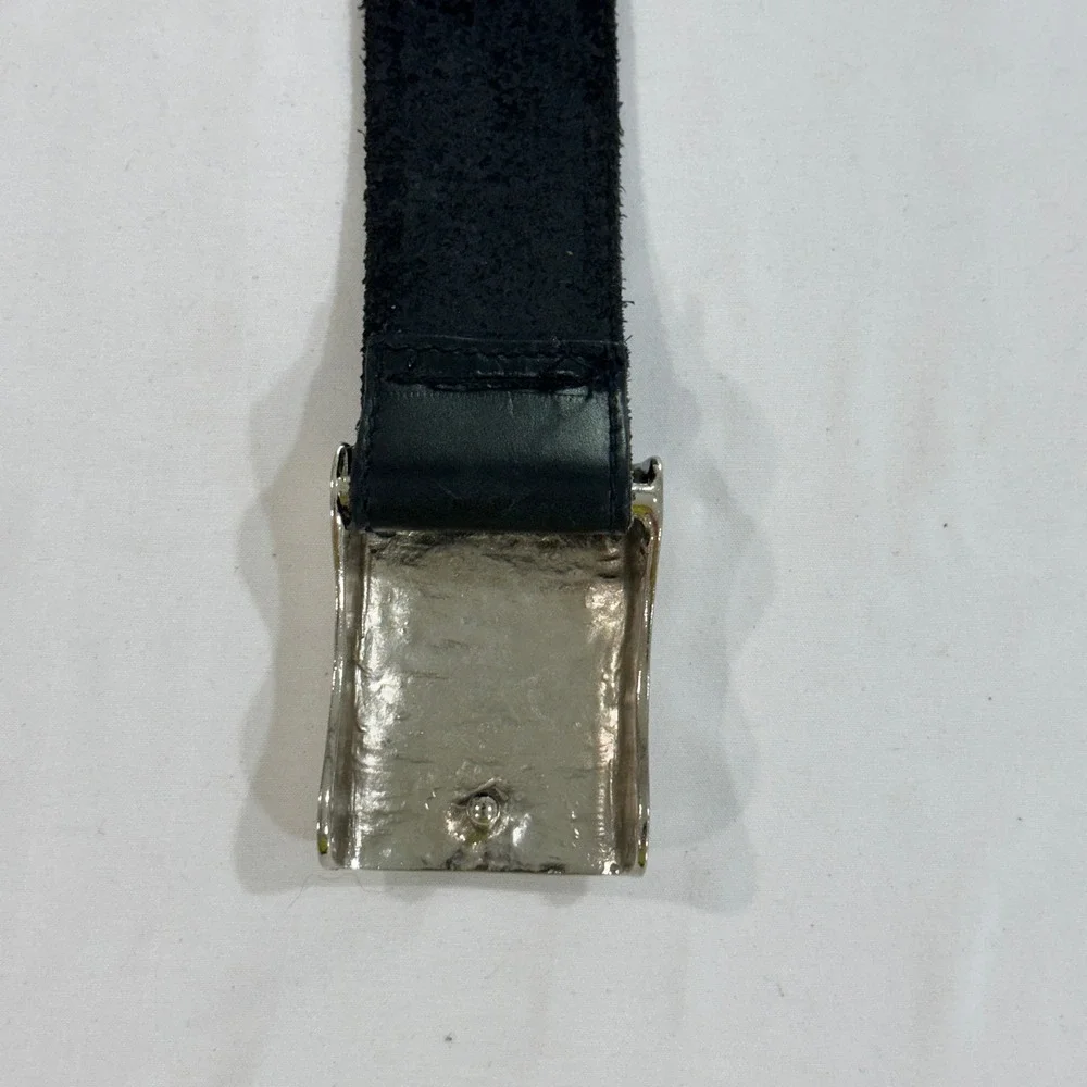 Jamie Leather Belt 34 Mens Black Silver Plaque Buckle Made in USA Minimalist